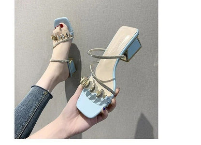 Square-Toe Block Heel Rhinestone Slide Sandals mySite