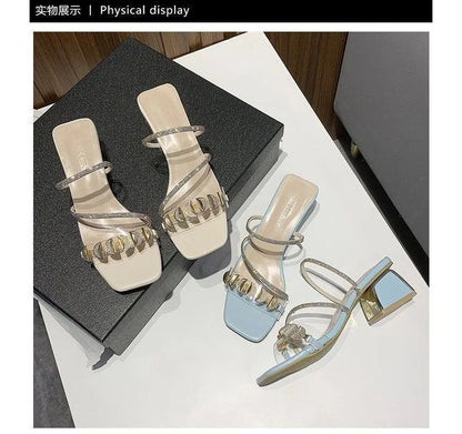 Square-Toe Block Heel Rhinestone Slide Sandals mySite