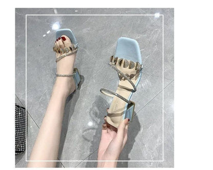 Square-Toe Block Heel Rhinestone Slide Sandals mySite