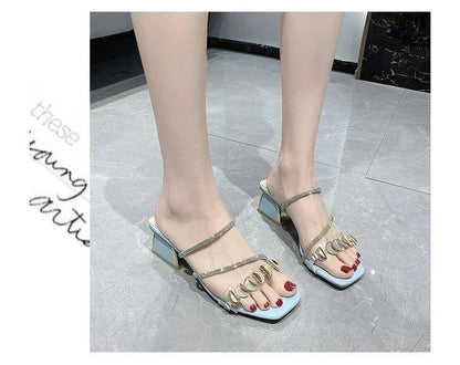 Square-Toe Block Heel Rhinestone Slide Sandals mySite