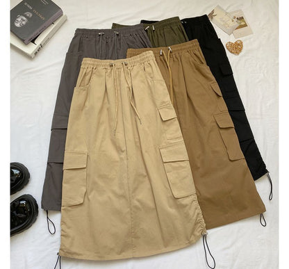 High Waist Plain Midi A-Line Cargo Skirt mySite