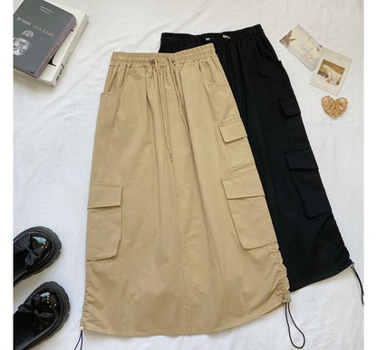 High Waist Plain Midi A-Line Cargo Skirt mySite