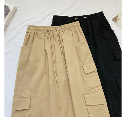 High Waist Plain Midi A-Line Cargo Skirt mySite