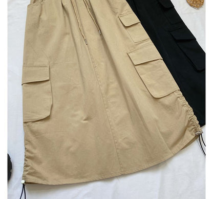 High Waist Plain Midi A-Line Cargo Skirt mySite