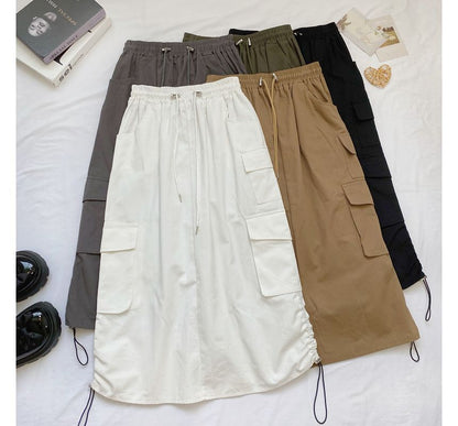 High Waist Plain Midi A-Line Cargo Skirt mySite