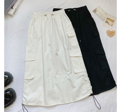 High Waist Plain Midi A-Line Cargo Skirt mySite