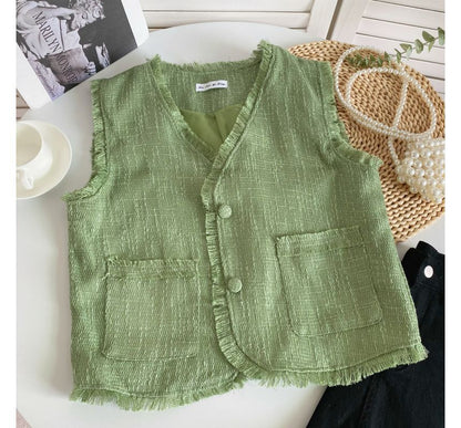 V-Neck Plain Button-Up Vest mySite