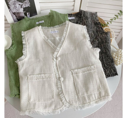 V-Neck Plain Button-Up Vest mySite