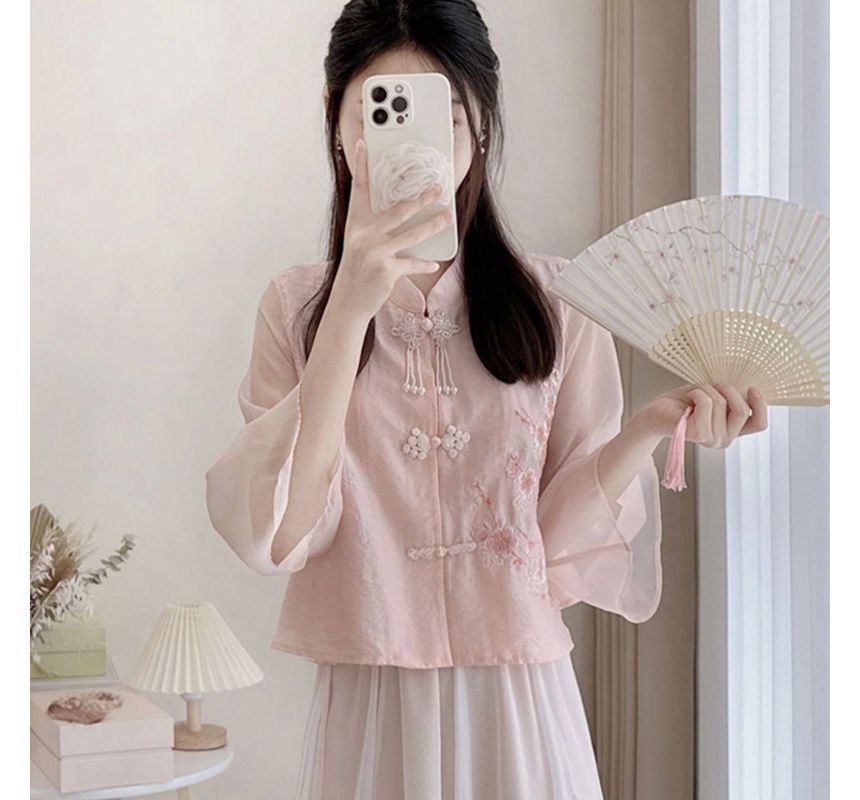 Flare-Sleeve Frog Buttoned Plain Blouse / High Waist Midi A-Line Skirt SpreePicky