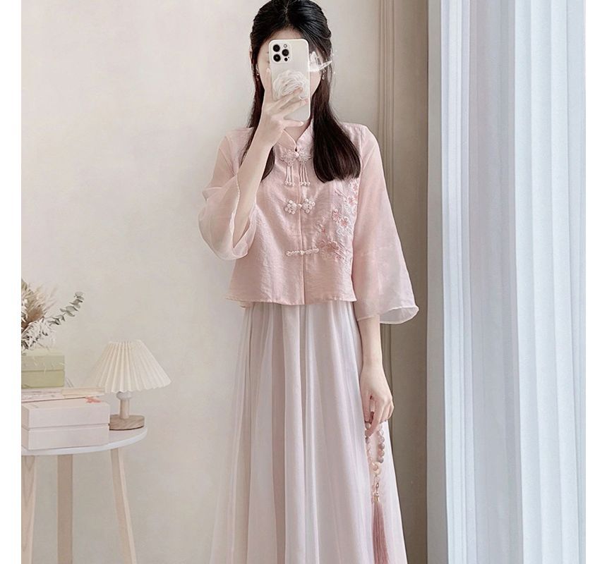 Flare-Sleeve Frog Buttoned Plain Blouse / High Waist Midi A-Line Skirt SpreePicky