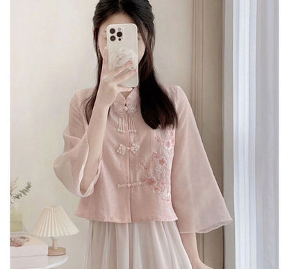 Flare-Sleeve Frog Buttoned Plain Blouse / High Waist Midi A-Line Skirt SpreePicky