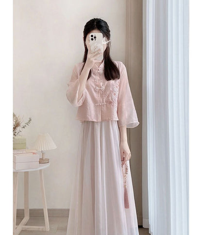 Flare-Sleeve Frog Buttoned Plain Blouse / High Waist Midi A-Line Skirt SpreePicky