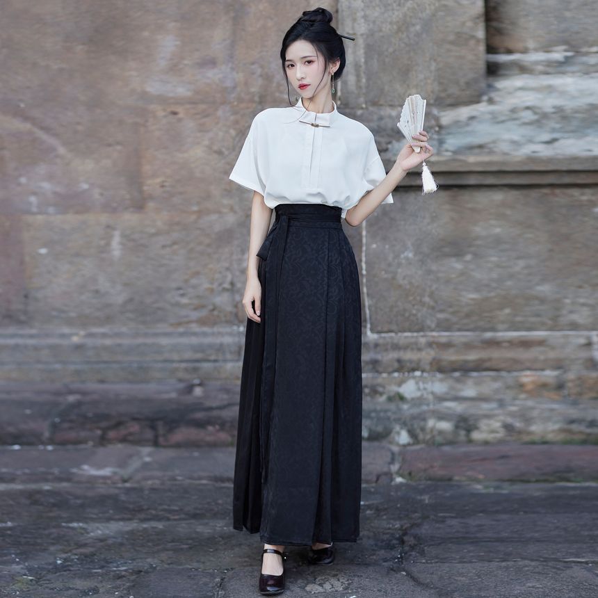 Short-Sleeve Stand Collar Plain Blouse / High Rise Maxi A-Line Skirt SpreePicky