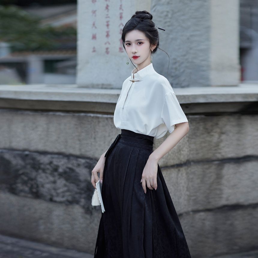 Short-Sleeve Stand Collar Plain Blouse / High Rise Maxi A-Line Skirt SpreePicky