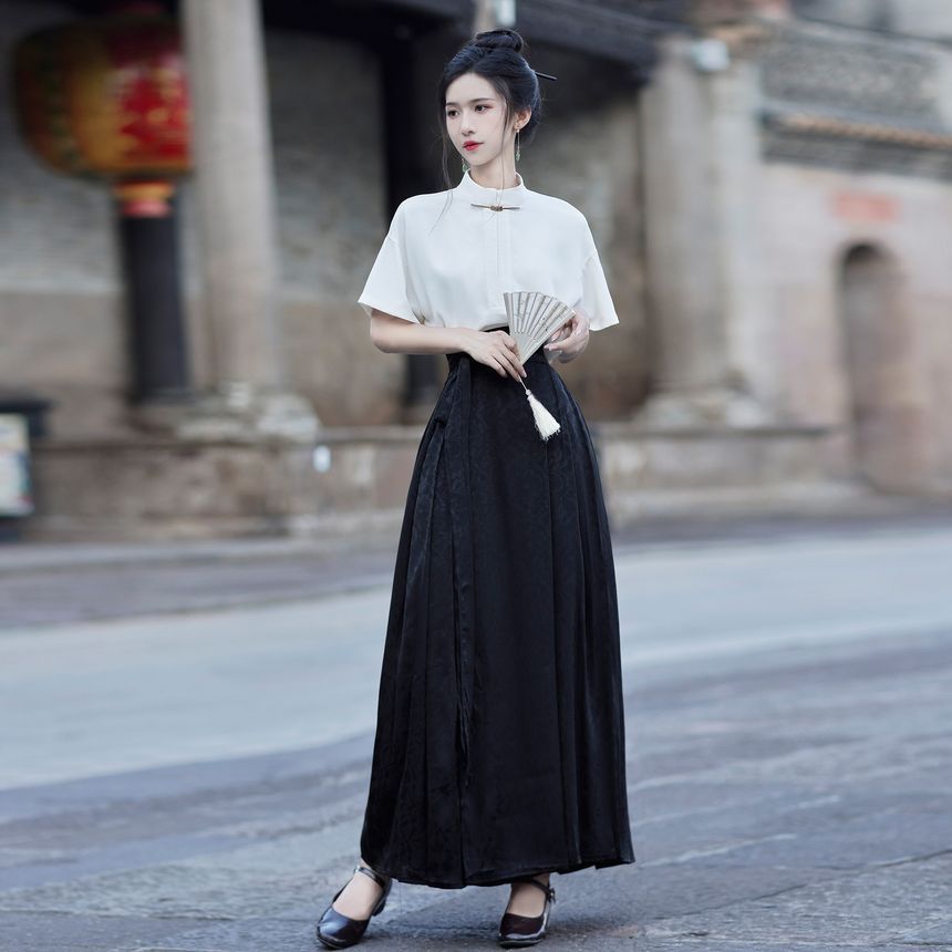 Short-Sleeve Stand Collar Plain Blouse / High Rise Maxi A-Line Skirt SpreePicky