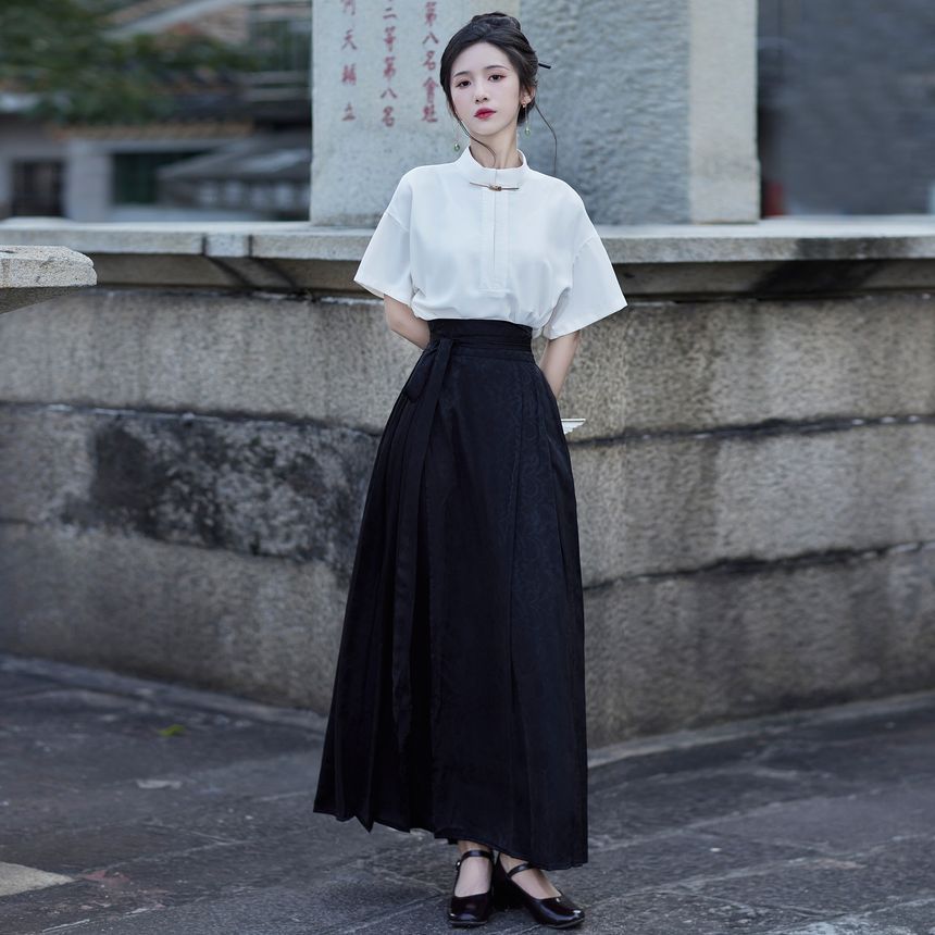 Short-Sleeve Stand Collar Plain Blouse / High Rise Maxi A-Line Skirt SpreePicky