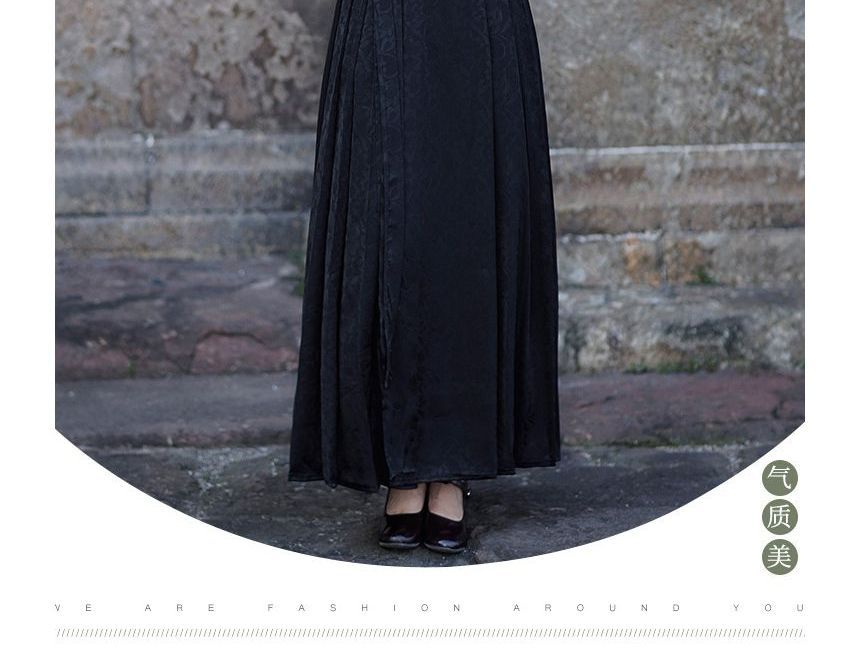 Short-Sleeve Stand Collar Plain Blouse / High Rise Maxi A-Line Skirt SpreePicky