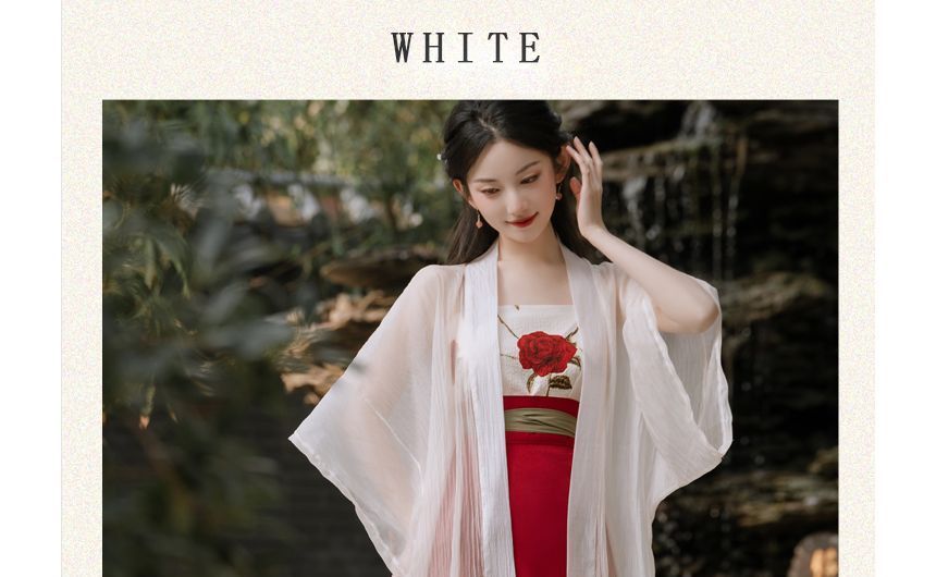 Set: Floral Print Camisole Top + Plain Midi Hanfu Jacket + High Waist Tie SpreePicky