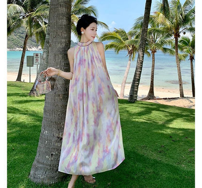 Halter Tie Dye Midi Smock Dress SpreePicky