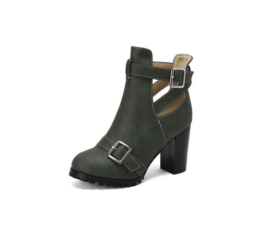 Buckled Cutout Chunky Heel Ankle Boots SpreePicky