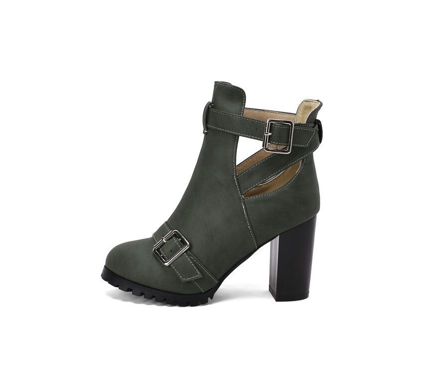 Buckled Cutout Chunky Heel Ankle Boots SpreePicky