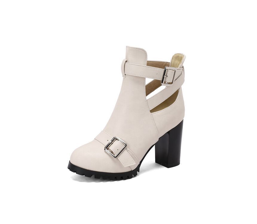 Buckled Cutout Chunky Heel Ankle Boots SpreePicky