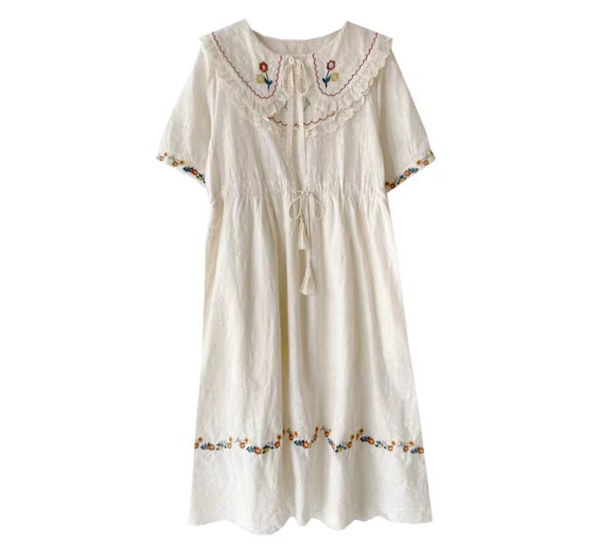 Short Sleeve Collared Floral Embroidered Bow Drawstring Waist Midi A-Line Dress mySite