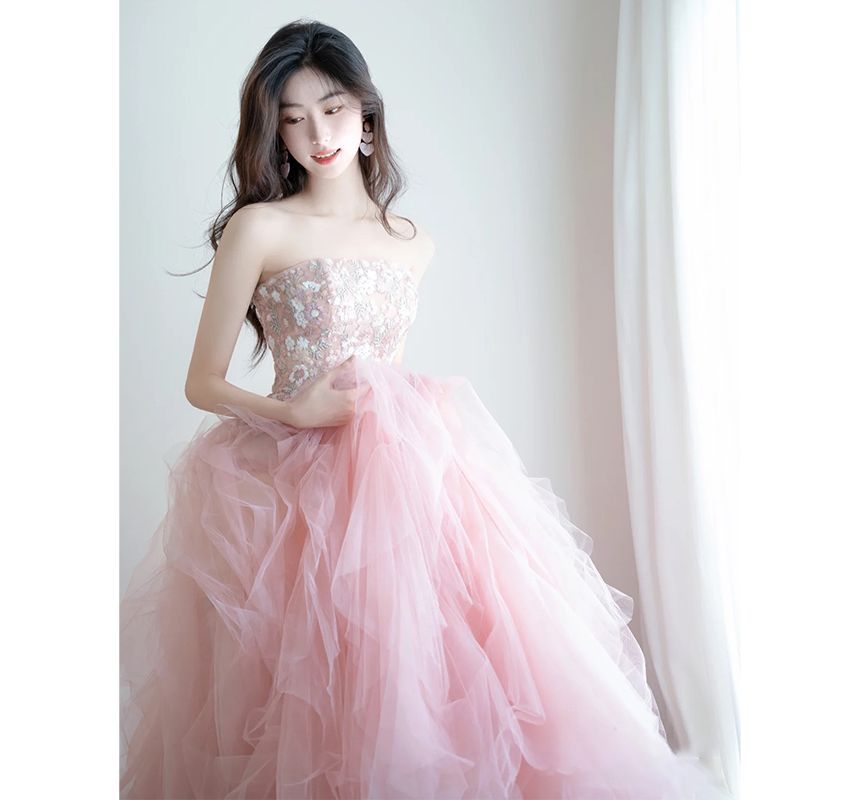 Strapless Flower Embroidered Mesh Panel A-Line Evening Gown FashionChic