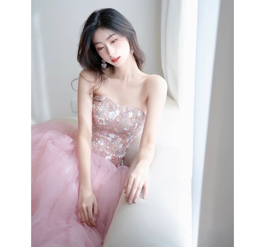 Strapless Panel Gown A-Line Mesh Evening Flower Embroidered FashionChic