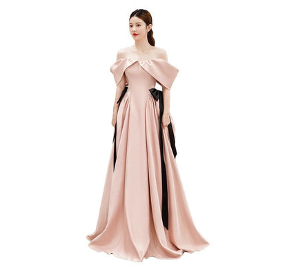 Cold-Shoulder Plain Bow A-Line Evening Gown SpreePicky