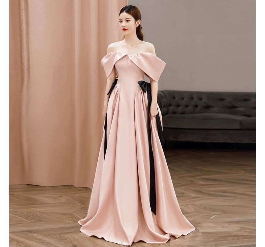 Cold-Shoulder Plain Bow A-Line Evening Gown SpreePicky