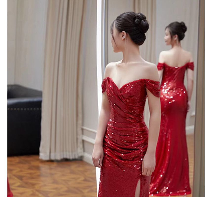 Off-Shoulder Sequin Side-Slit Trumpet Evening Gown SpreePicky