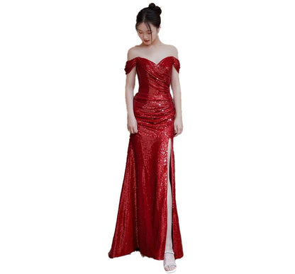 Off-Shoulder Sequin Side-Slit Trumpet Evening Gown SpreePicky