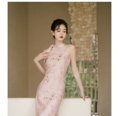 Sleeveless Tie Neck Floral Midi Qipao / Light Jacket / Set SpreePicky