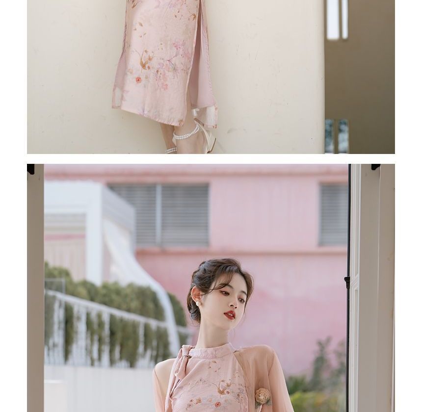 Sleeveless Tie Neck Floral Midi Qipao / Light Jacket / Set SpreePicky