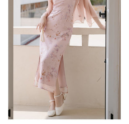 Sleeveless Tie Neck Floral Midi Qipao / Light Jacket / Set SpreePicky