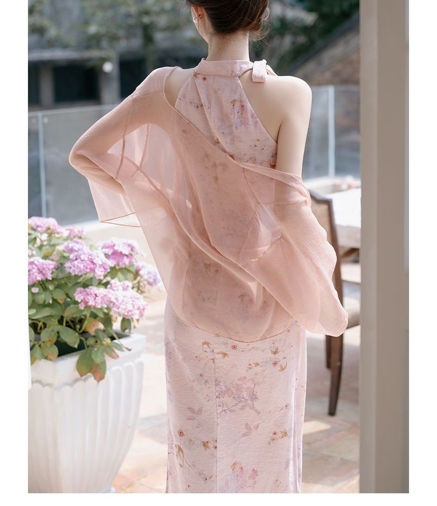 Sleeveless Tie Neck Floral Midi Qipao / Light Jacket / Set SpreePicky