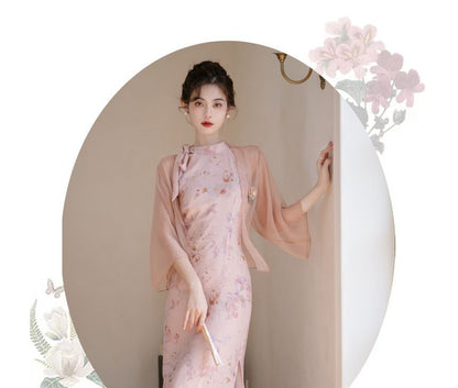 Sleeveless Tie Neck Floral Midi Qipao / Light Jacket / Set SpreePicky