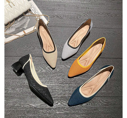 Pointed Contras Trim Chunky Heel Pumps SpreePicky