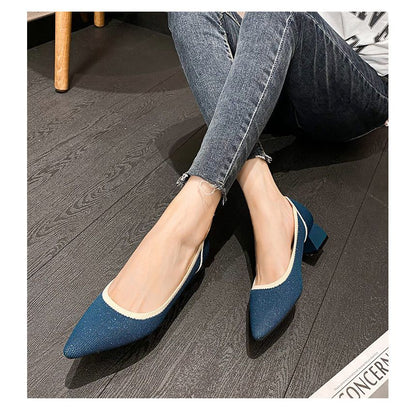 Pointed Contras Trim Chunky Heel Pumps SpreePicky