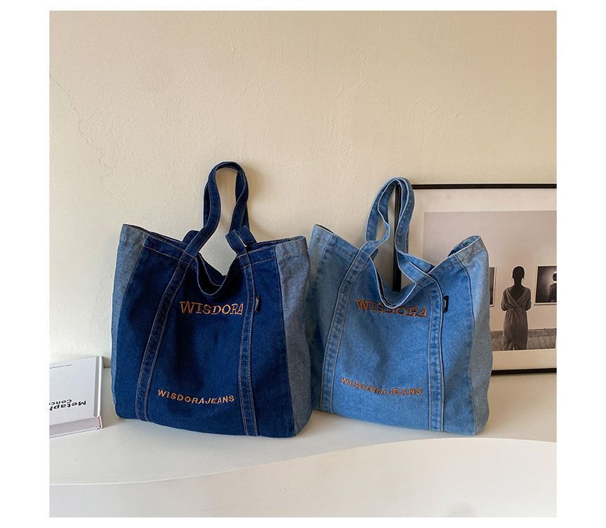 Lettering Embroidered Washed Denim Tote Bag mySite