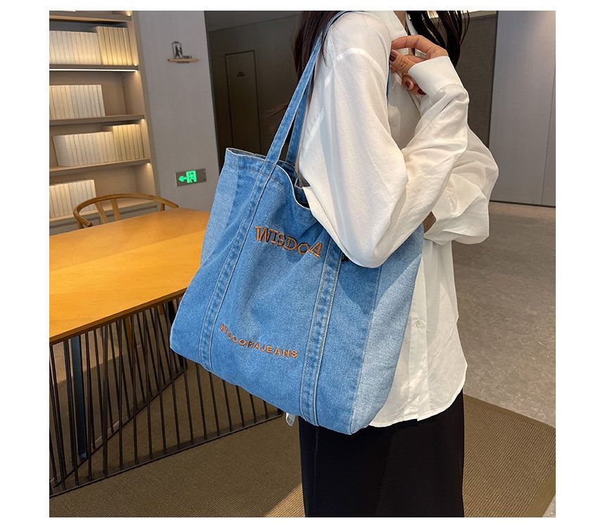 Lettering Embroidered Washed Denim Tote Bag mySite