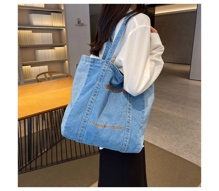 Lettering Embroidered Washed Denim Tote Bag mySite