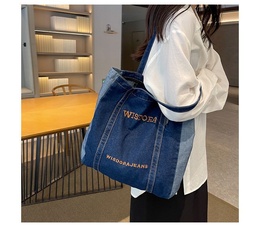 Lettering Embroidered Washed Denim Tote Bag mySite