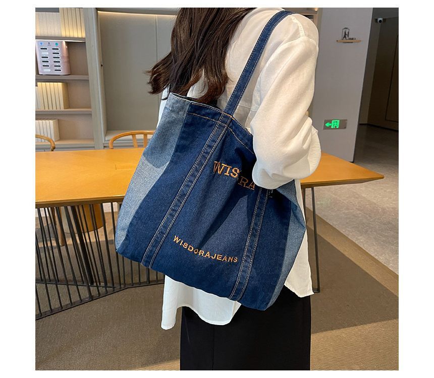 Lettering Embroidered Washed Denim Tote Bag mySite