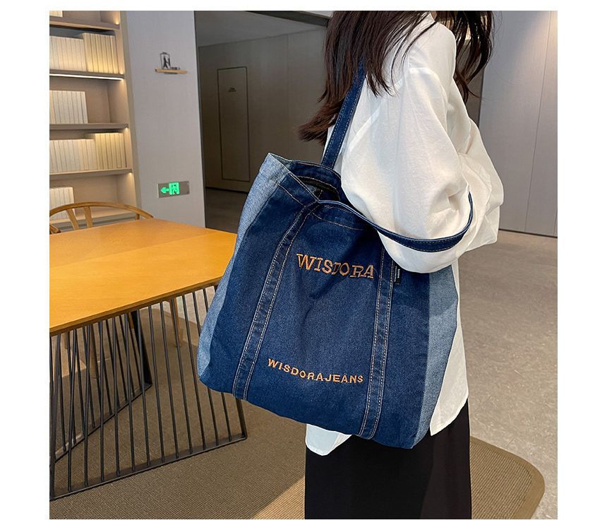 Lettering Embroidered Washed Denim Tote Bag mySite