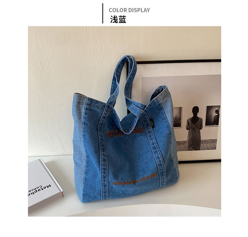 Lettering Embroidered Washed Denim Tote Bag mySite