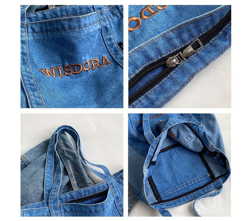 Lettering Embroidered Washed Denim Tote Bag mySite