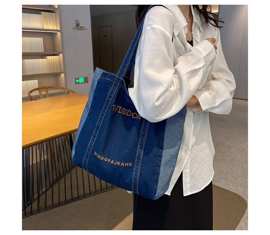 Lettering Embroidered Washed Denim Tote Bag mySite