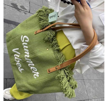 Letter Embroidered Fringed Trim Tote Bag SpreePicky